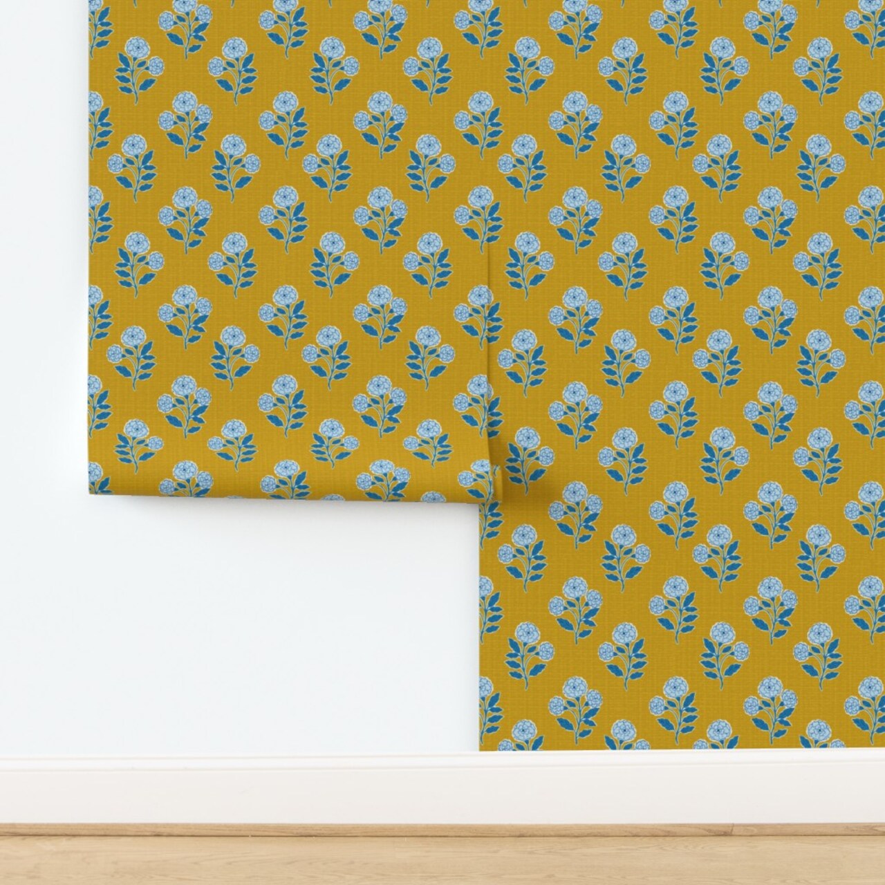Yellow Floral Blue Block Print Marigold Flowers Hand Drawn Modern Botanical Faux Texture Custom Removable Wallpaper by Spoonflower Peel & Stick Wallpaper 2FT Wide
